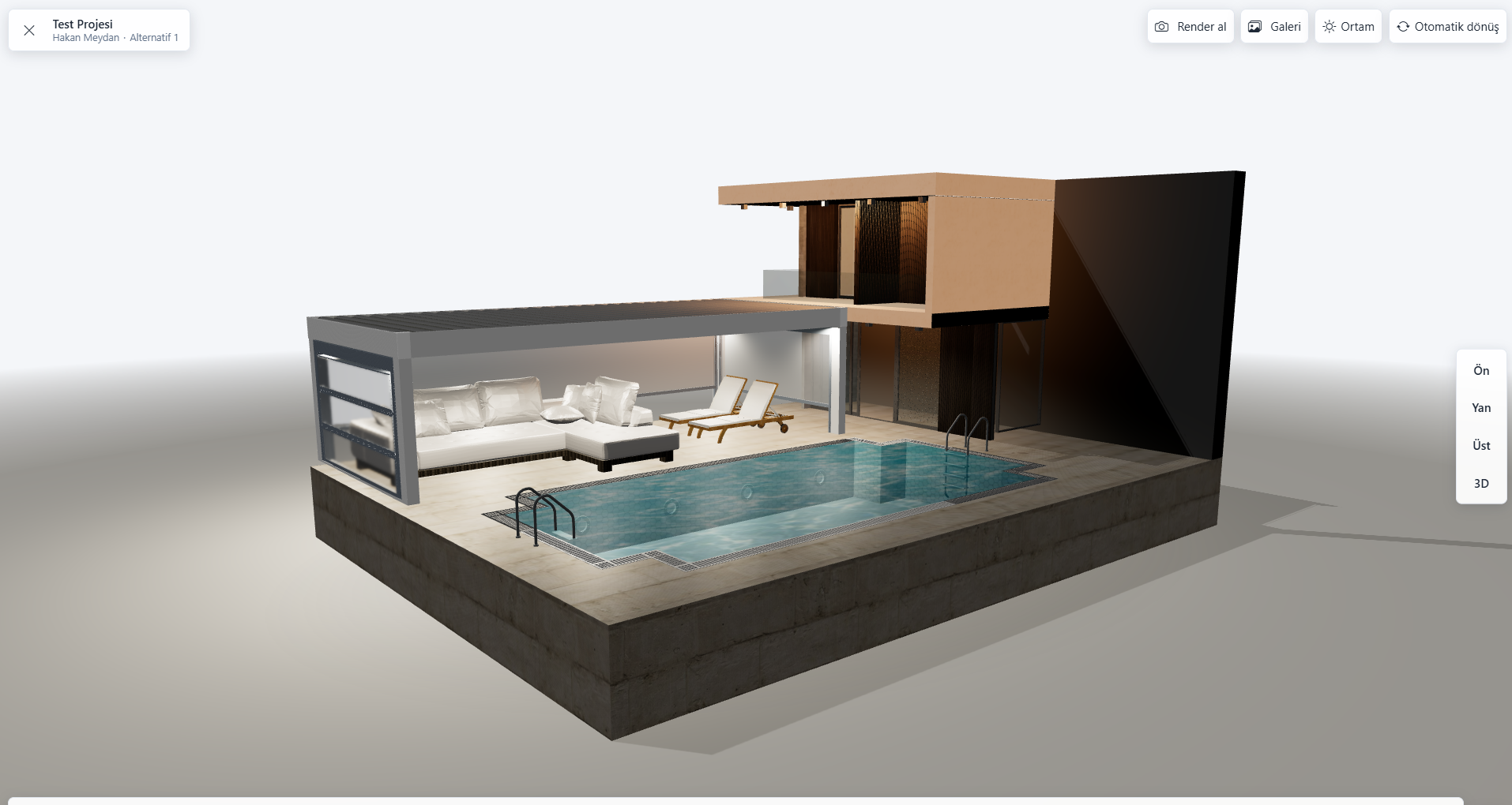 Tablette XERP 3D sunum modu: pergola, cam paneller ve güneş ayarları