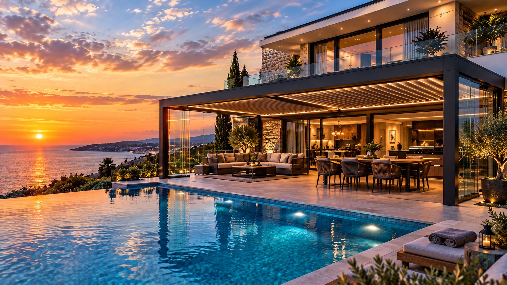 Gün batımında deniz manzaralı villa terasında LED aydınlatmalı bioklimatik pergola ve katlanır cam sistemler