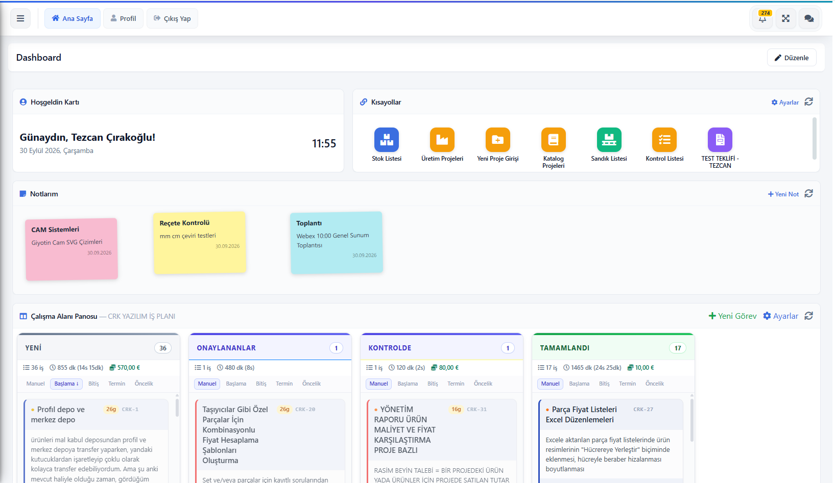TCRK XERP dashboard: kısayollar, notlar ve iş panosu