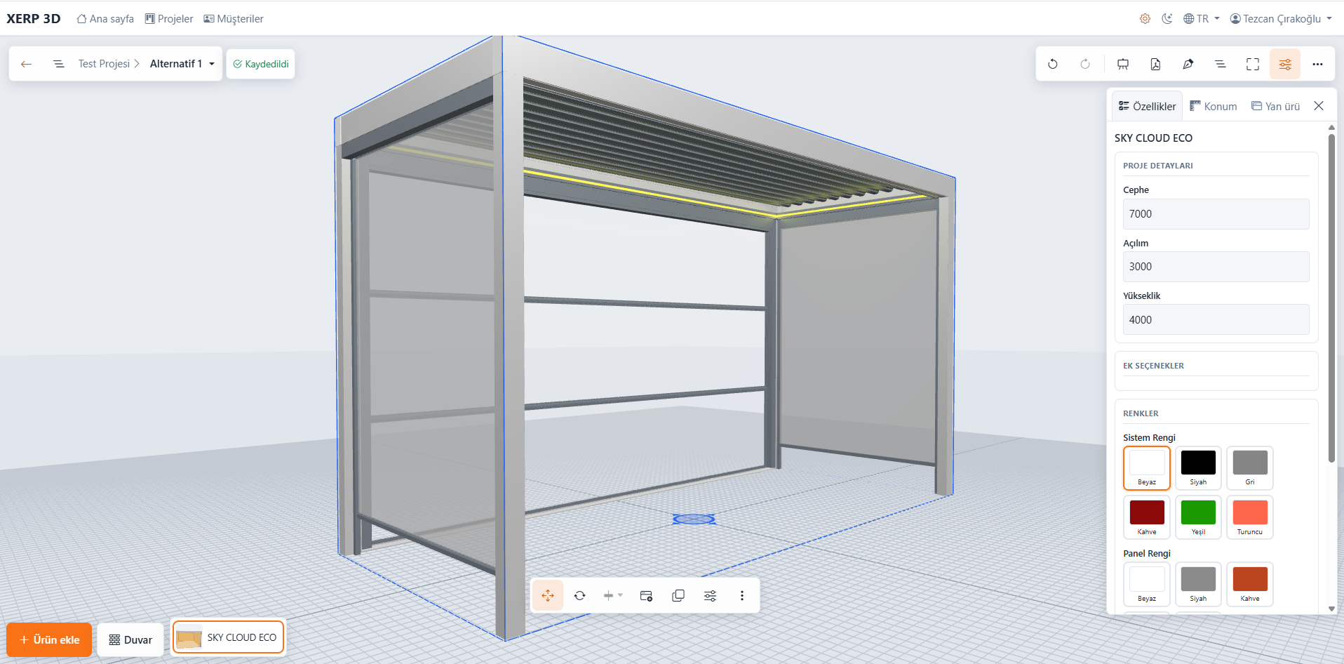 4×6 bioklimatik pergola XERP 3D proje sahnesinde: LED, zip perde ve yan camlar