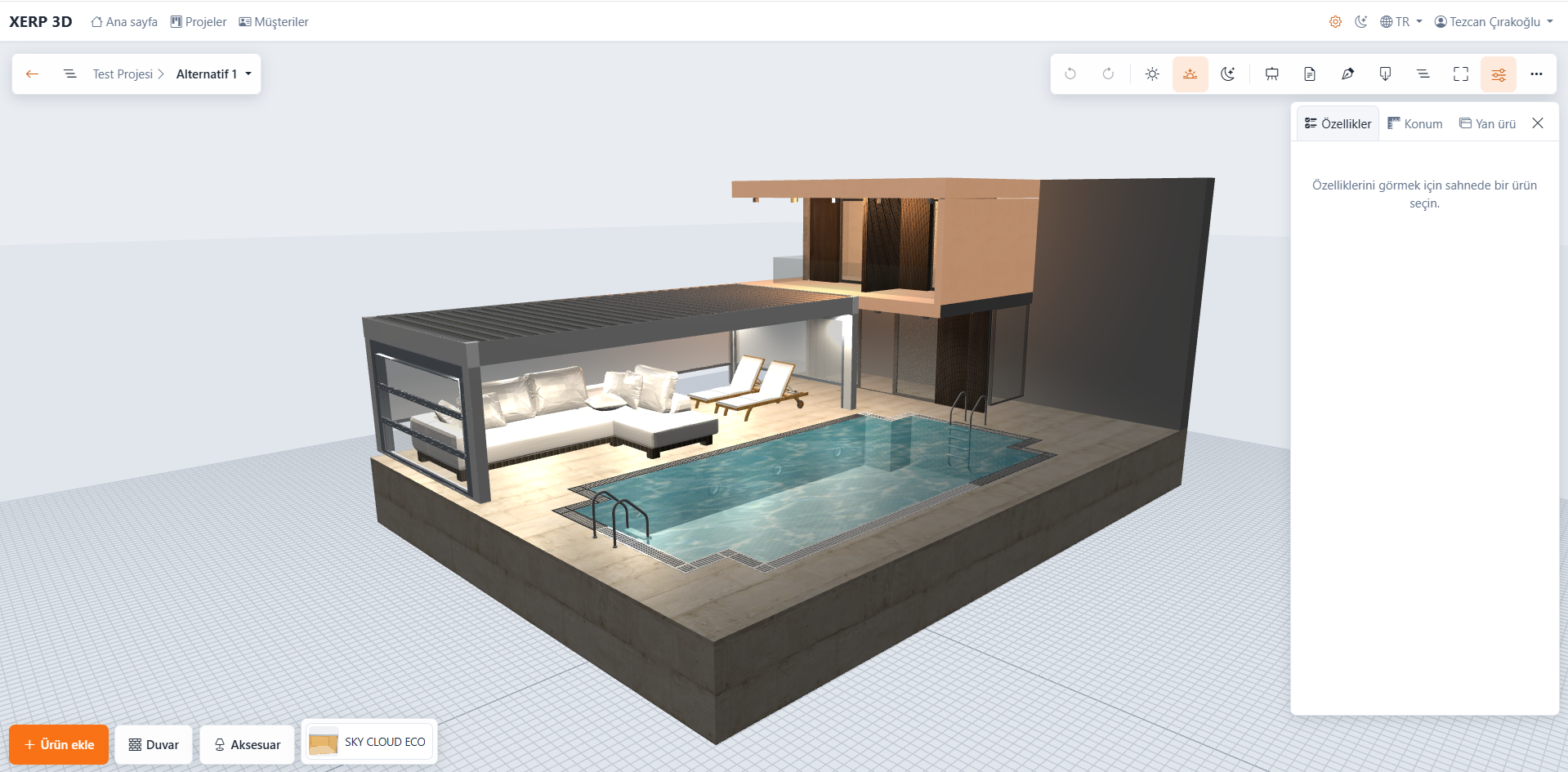 XERP 3D proje sahnesinde yan yana iki pergola, cam yan ürünler ve sahne ağacı