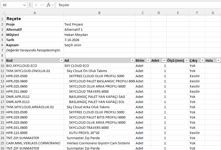 XERP 3D'den indirilen reçete ve kesim listesi Excel çıktısı