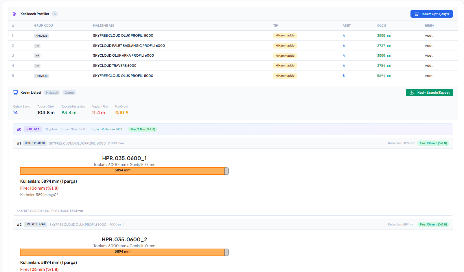 Kesim optimizasyonu: kesilecek profiller, çubuk yerleşimi ve fire oranı