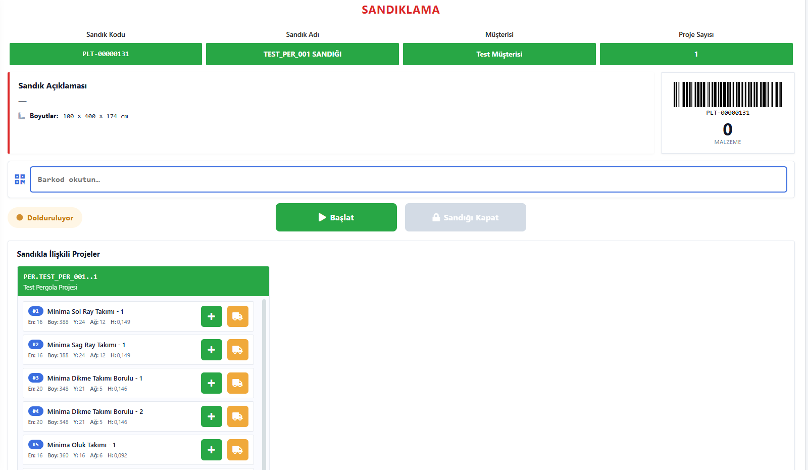 Tablette sandıklama ekranı: sandık kodu, barkod okuma ve sandığa eklenecek proje parçaları